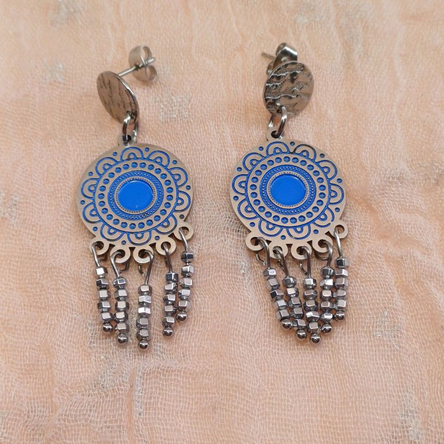 Ατσάλινα ασημί boho σκουλαρίκια με ασήμι αιματίτες.