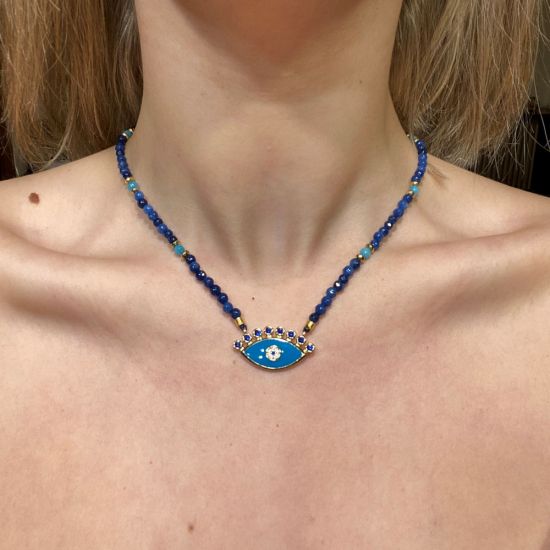 Κολιέ με blue αχάτες και μάτι επίχρυσο με ζιργκόν